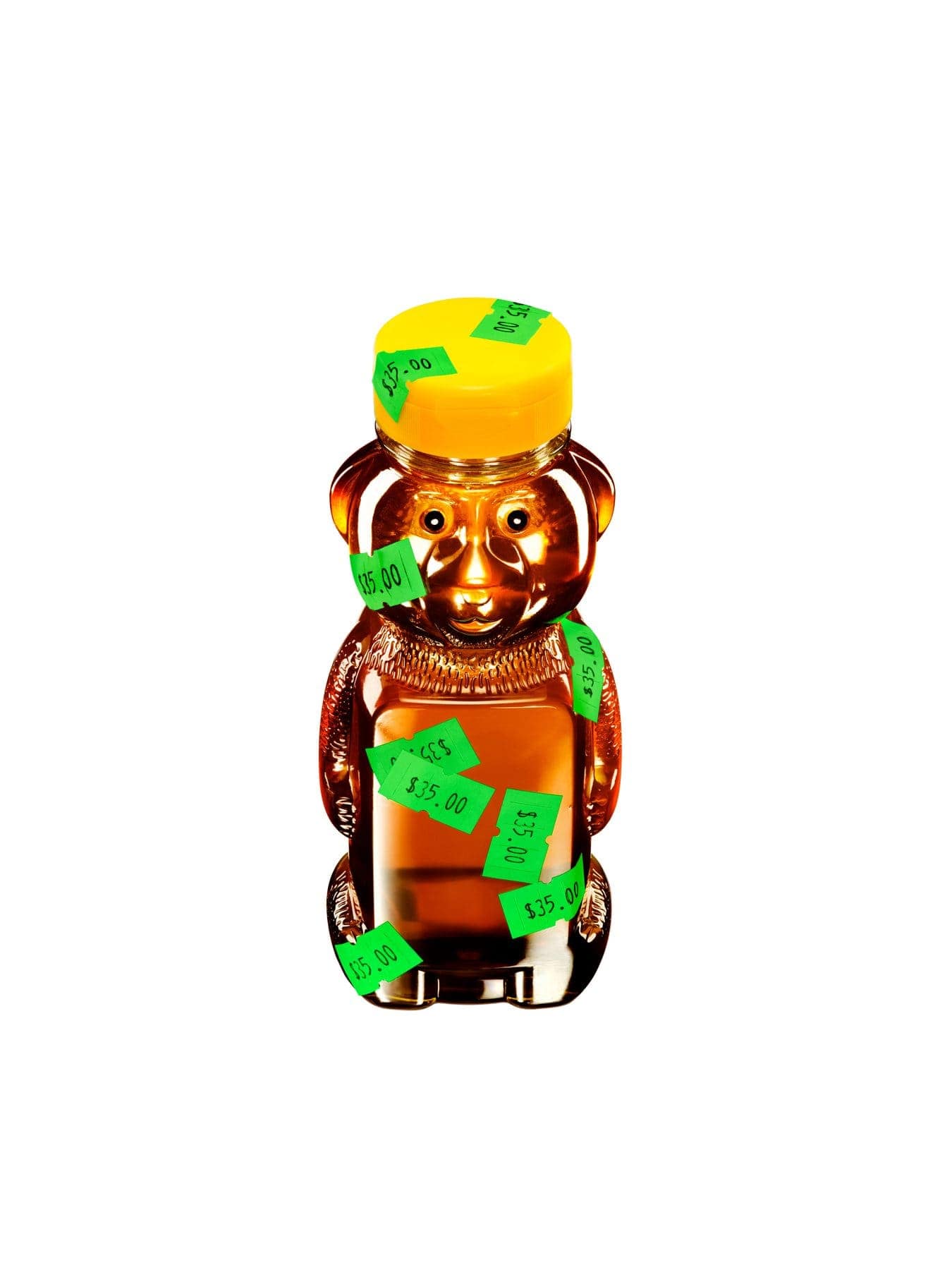 Honey inflated to the size of a person, shot on a bright studio field