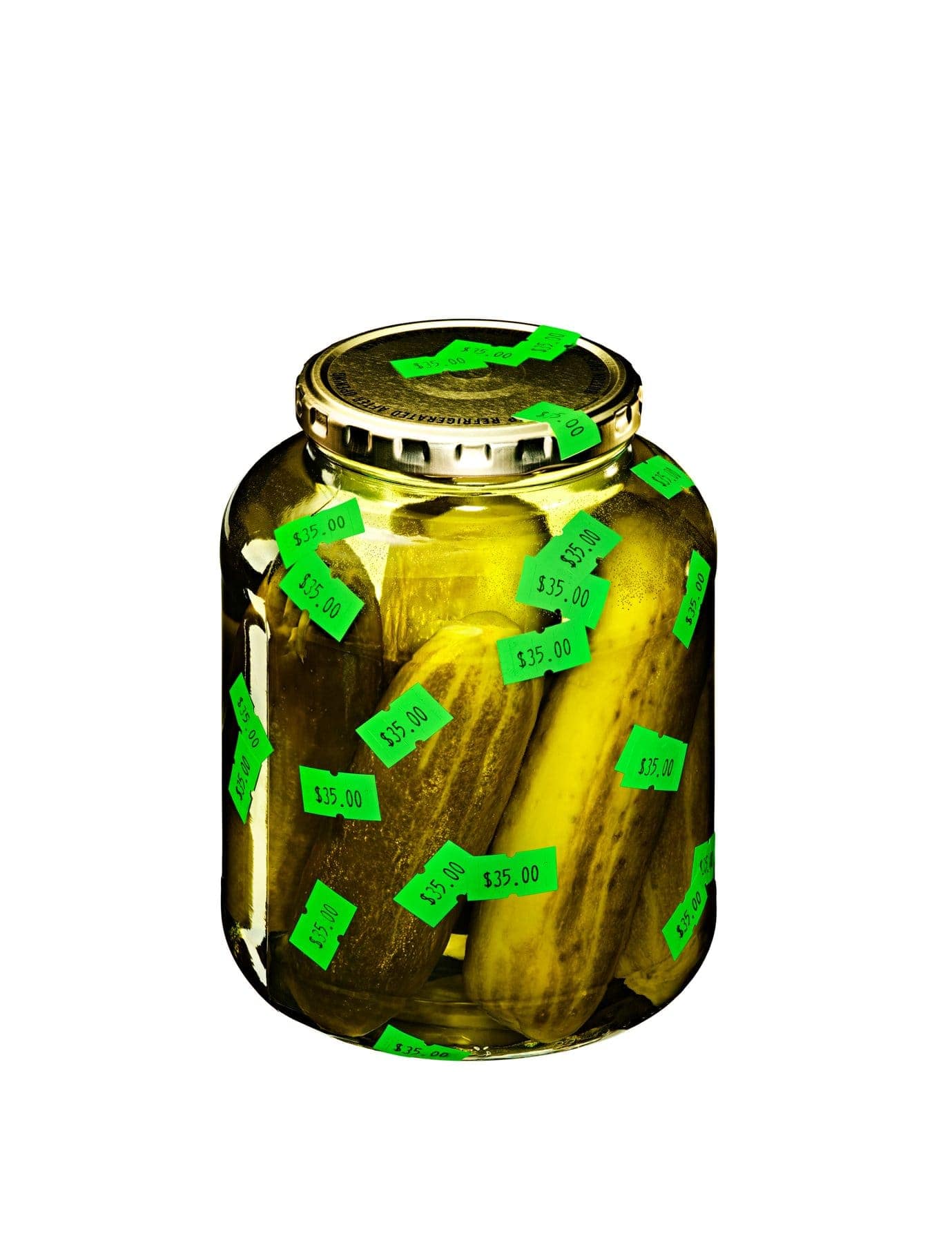 Pickle Jar inflated to the size of a person, shot on a bright studio field