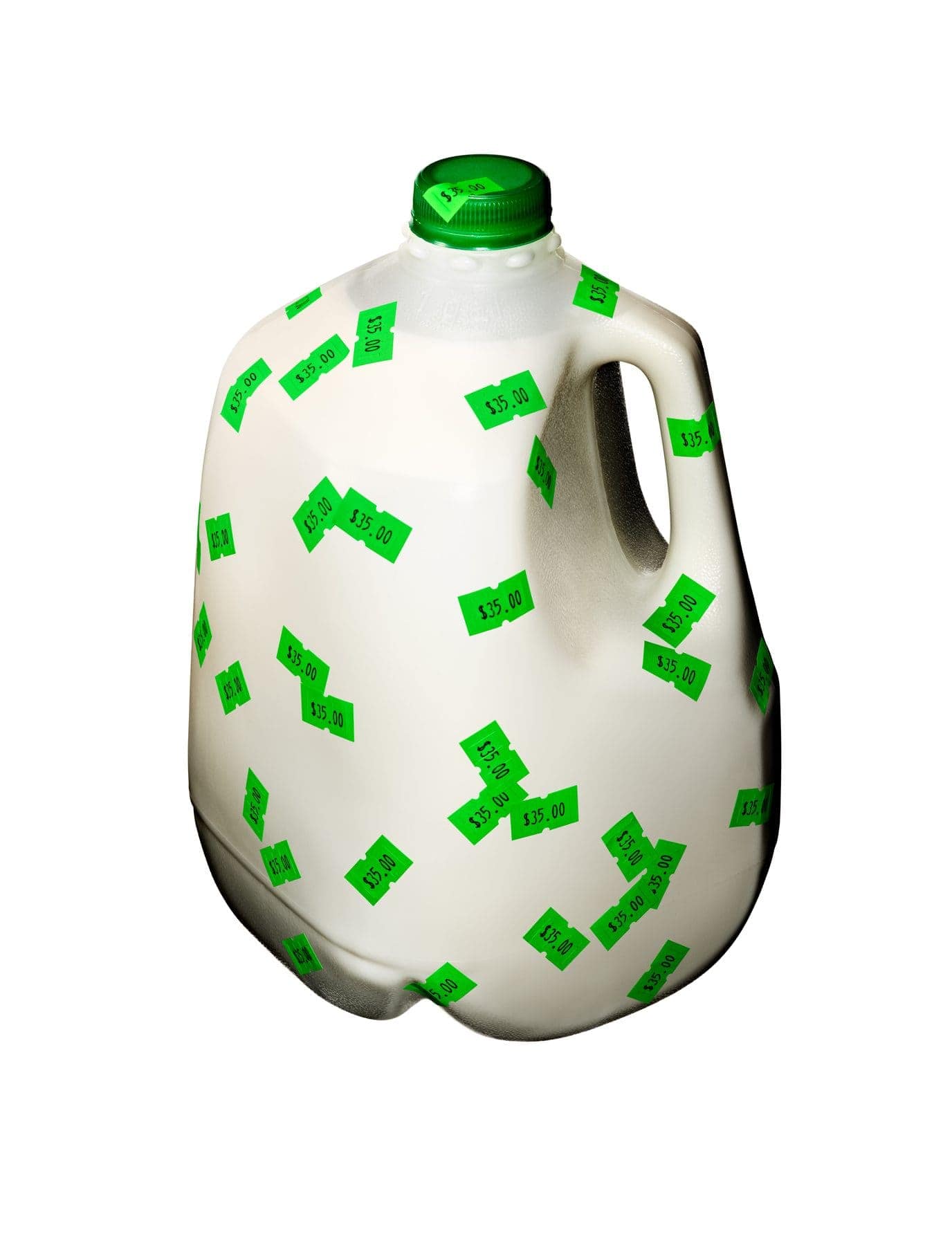 Milk inflated to the size of a person, shot on a bright studio field
