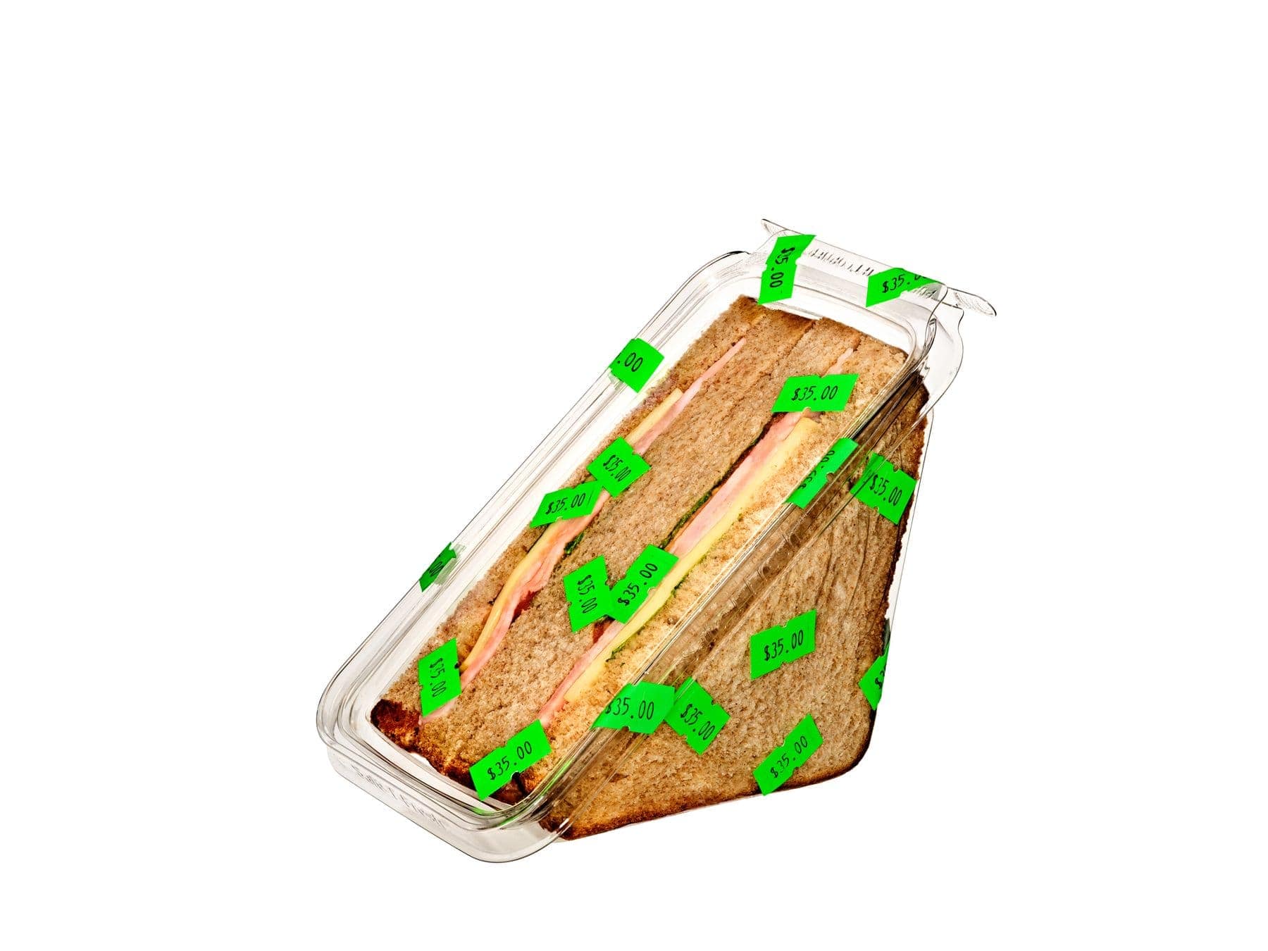 Sandwich inflated to the size of a person, shot on a bright studio field