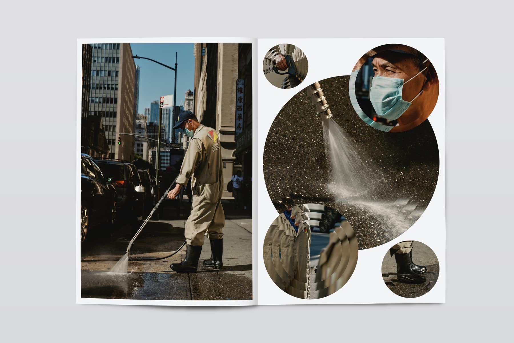 A CANAL spread with circular photo cutouts, a street cleaner hosing down the sidewalk