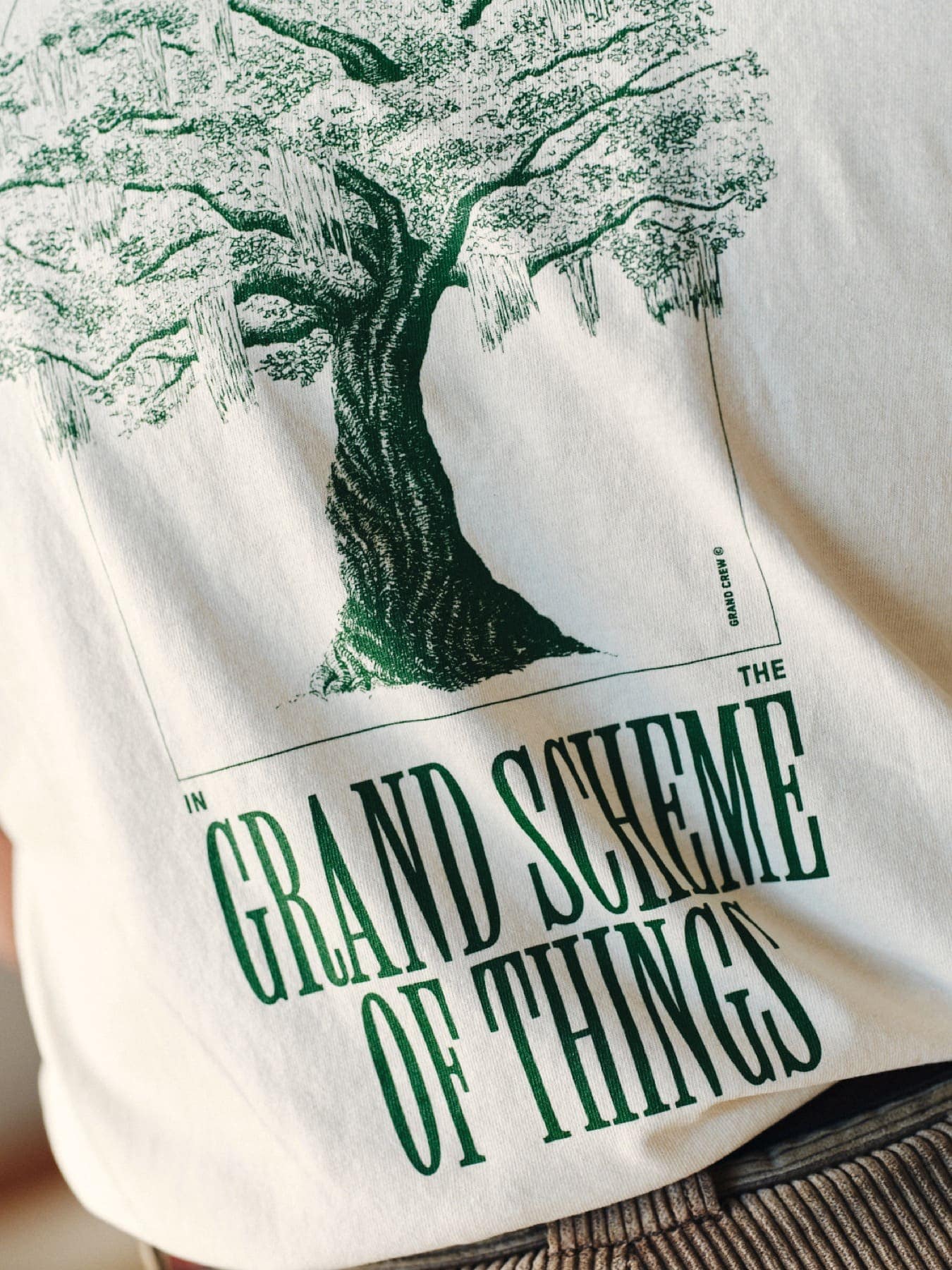 The Grand Scheme of Things tree graphic on the cream tee