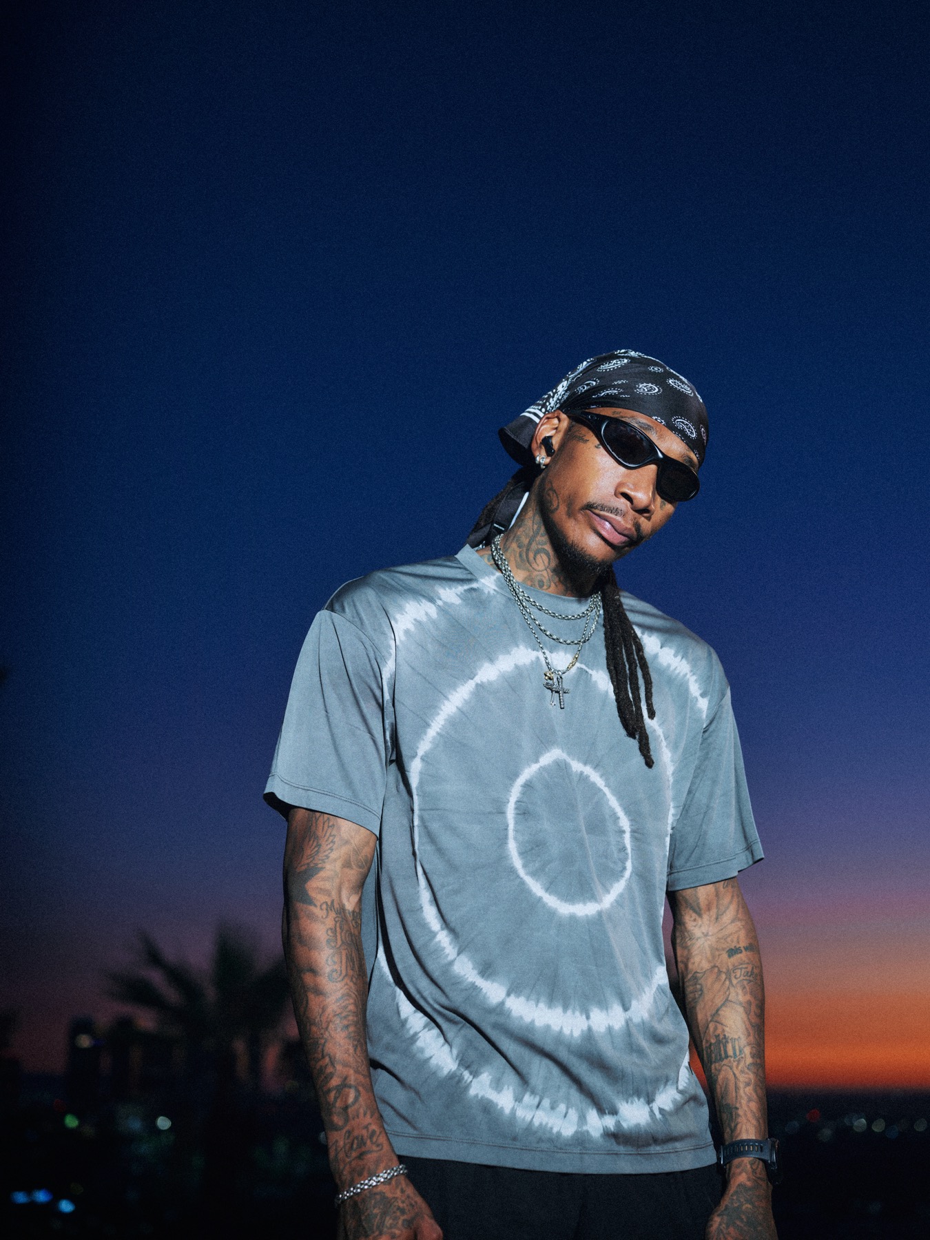 Portrait of Wiz Khalifa against a dusk sky