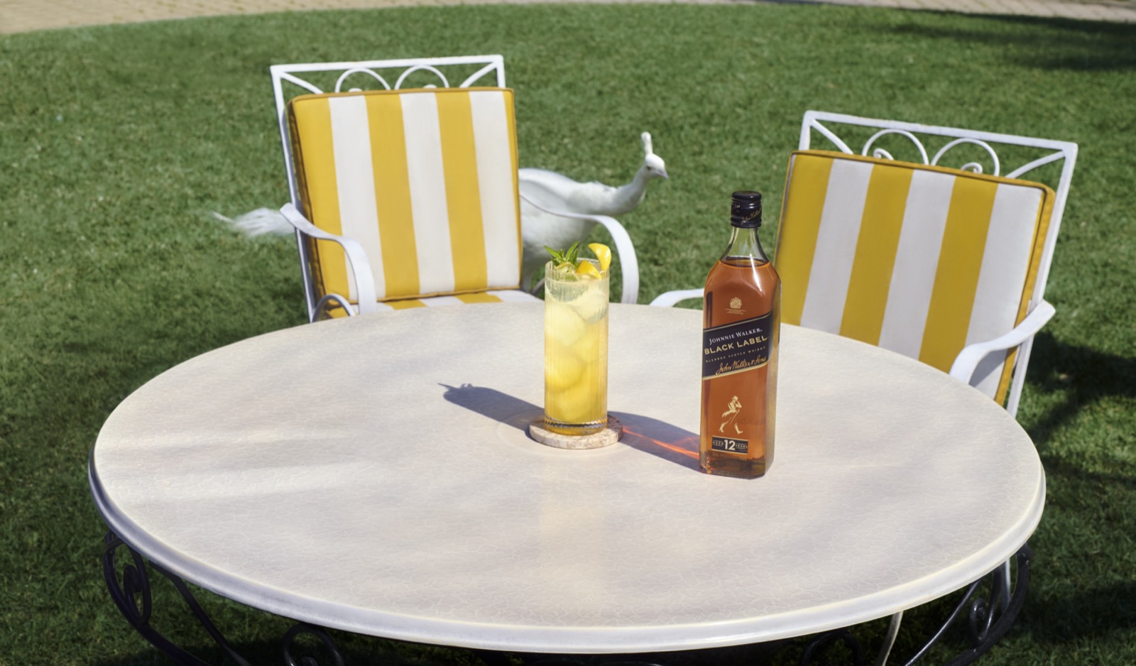 A highball garnished and set poolside on a round table, water rippling behind it